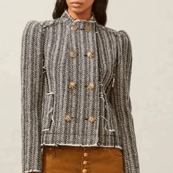 NWT Tory Burch Sammy Herringbone Tweed Raw Edge Double Breast Jacket Sz 8 - Picture 1 of 13